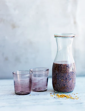 Photograph of Bee Pollen Smoothie in a carafe with two empty glasses