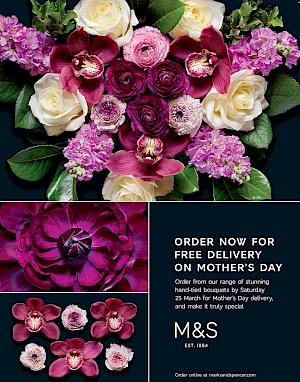 Advert for Mother's Day. Photographs of bouquets of flowers.