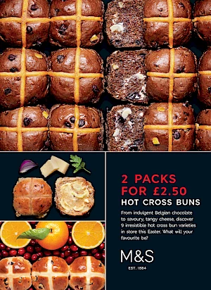 Advert for hot cross buns. Photograph of chocolate hot cross buns with butter, cheese hot cross buns and cranberry and orange buns.