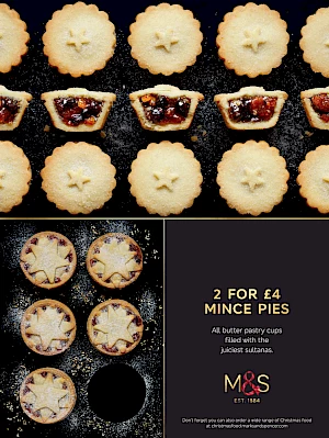 Advert for 2 for £4 Mince Pies. Photographs of mince pies