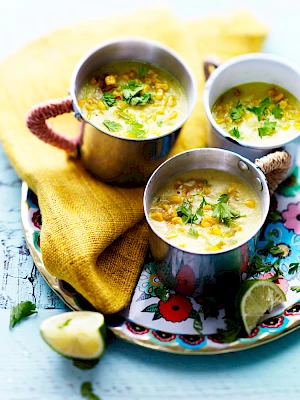 Photograph of Thomasina Miers Corn Soup from an article for Daily Mail Weekend Magazine.
