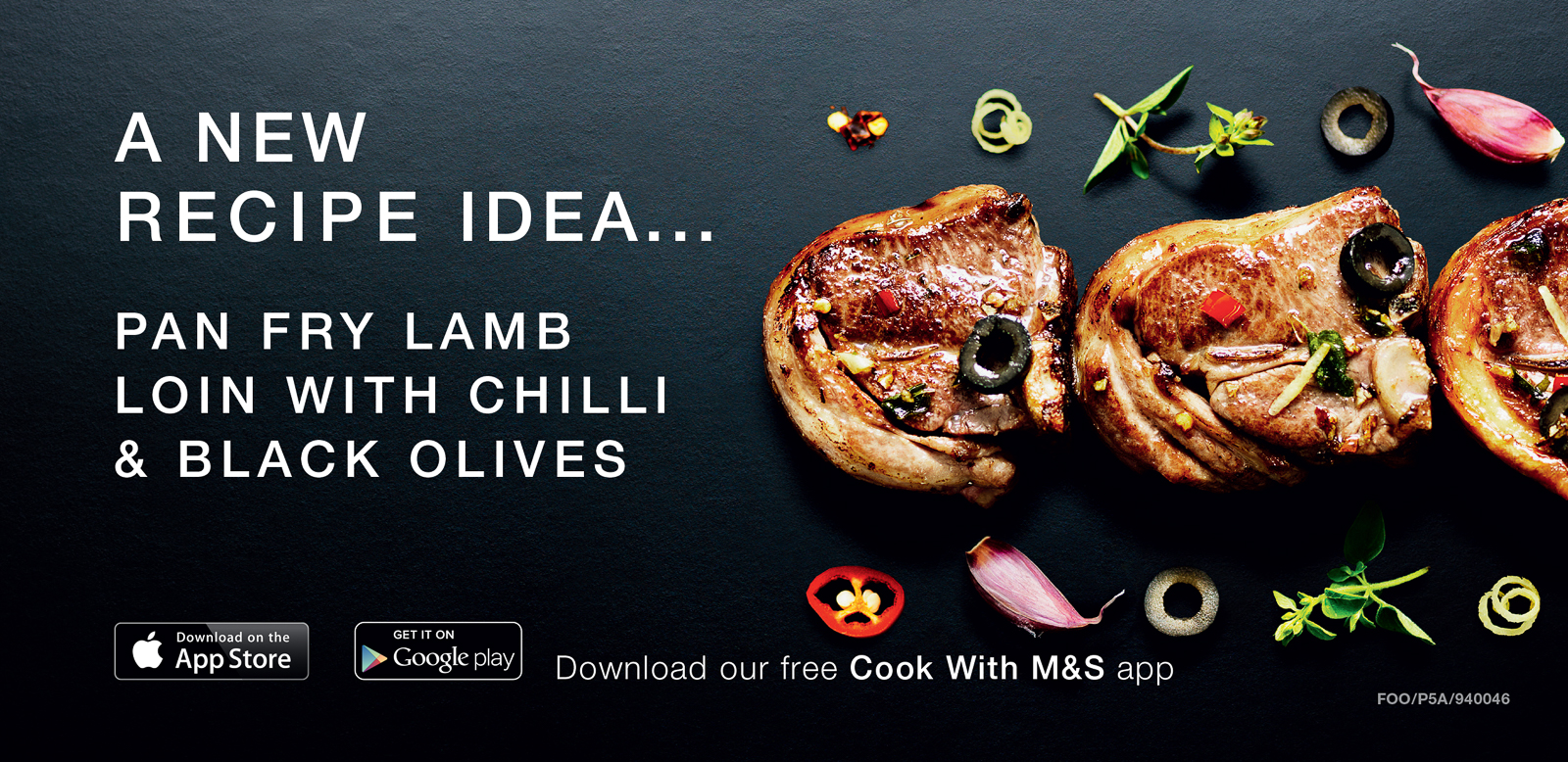 Advert: A New Idea. Photograph of pan fried lamb loin with chilli and black olives