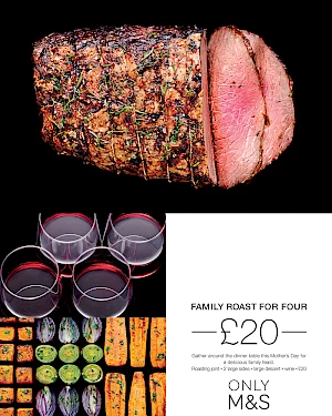 Advert: Family roast for four. Photographs of roast beef, glasses of red wine, roast vegetables.
