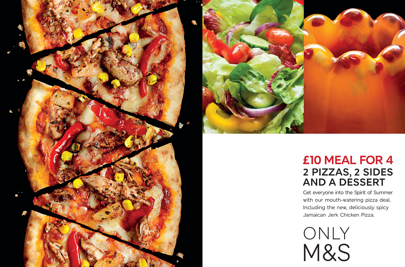 Photograph of a Jamaican jerk chicken pizza, salad and jelly