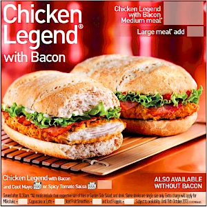 Advert for chicken legend. Photograph of chicken legend burger with ciabatta bun