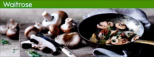 Photograph of cut mushrooms and a pan of cooked mushrooms.