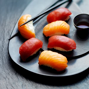 Photograph of Waitrose Sushi Nigiri with chopsticks