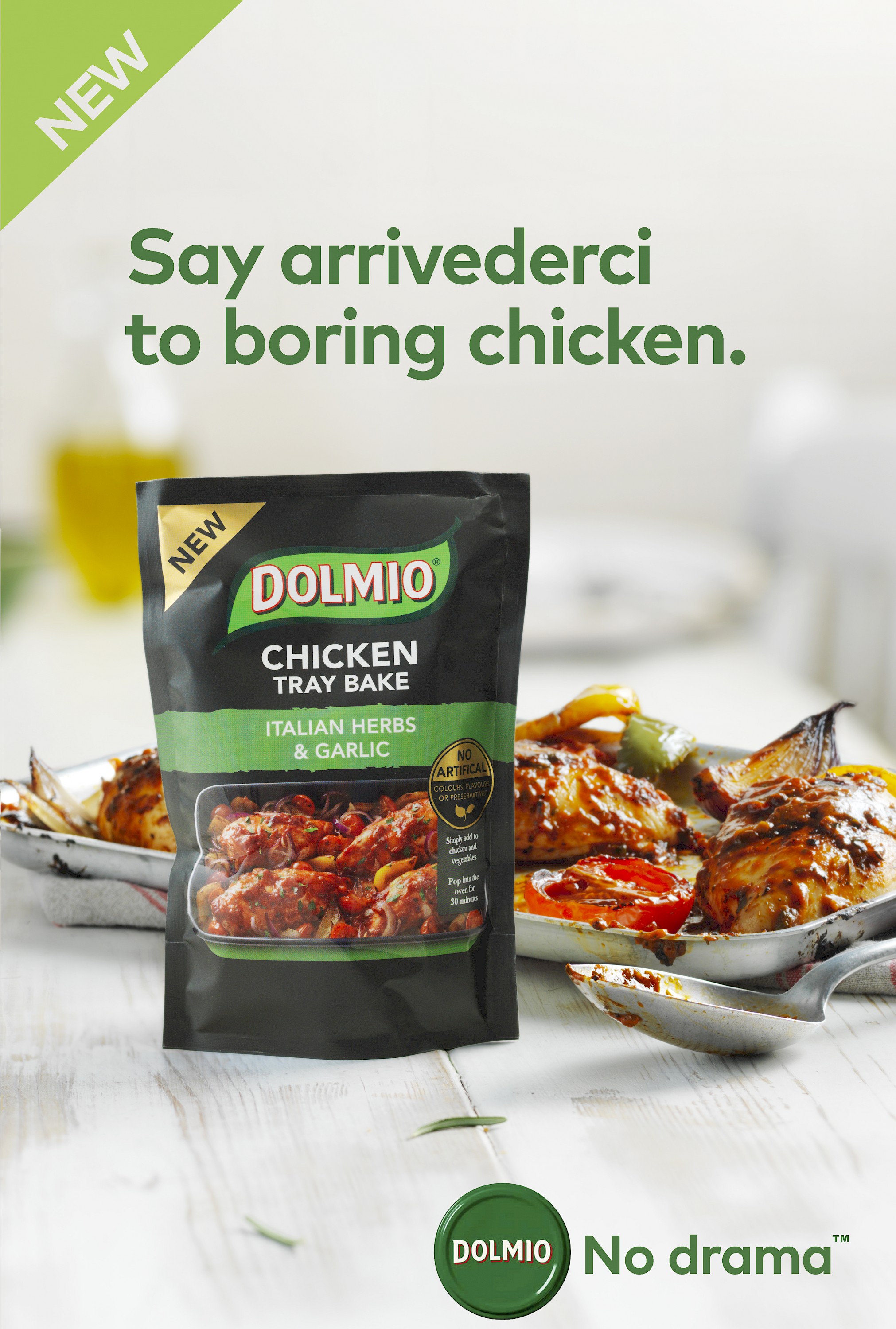 Dolmio Chicken Tray Banke, Italian herbs and garlic. Pack shot with tray of baked chicken