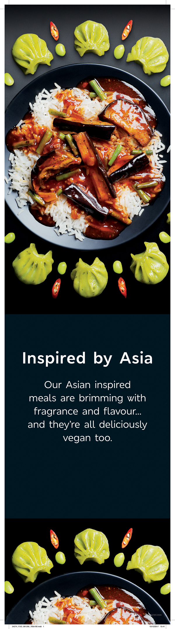 Inspired by Asia advert, Photograph of aubergine and rice dish with steamed dumplings