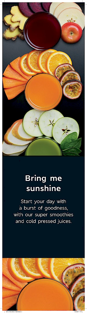 Bring Me Sunshine advert, photograph of 3 juices with ingredients