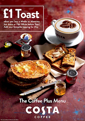 Photograph of toasts, spreads and a flat white