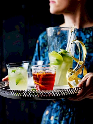 Tray of Cocktail drinks, Moscow Mule and Negroni