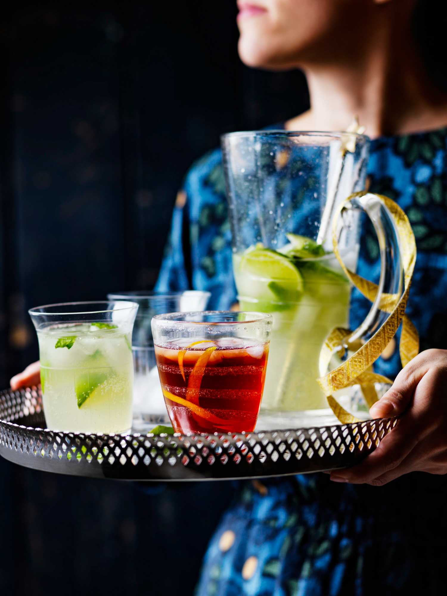 Tray of Cocktail drinks, Moscow Mule and Negroni
