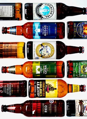 Overhead Shot of Marks and Spencer Bottles of Ales on White