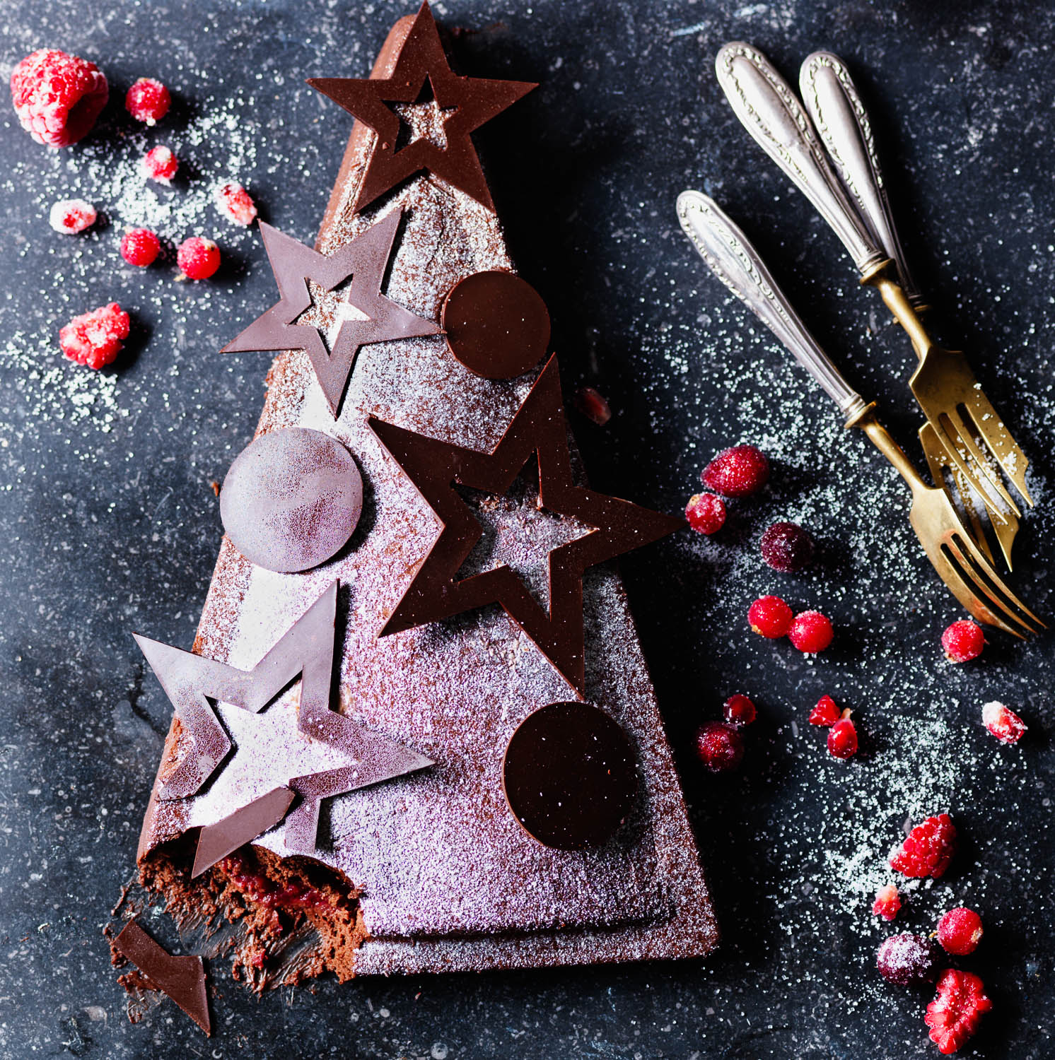 chocolate Christmas Tree Mousse Dessert with berries