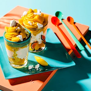 Fwip Ice cream with diced mango and merengue dessert