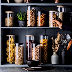 Franklin Lade Glass Jars in Kitchen Shelving