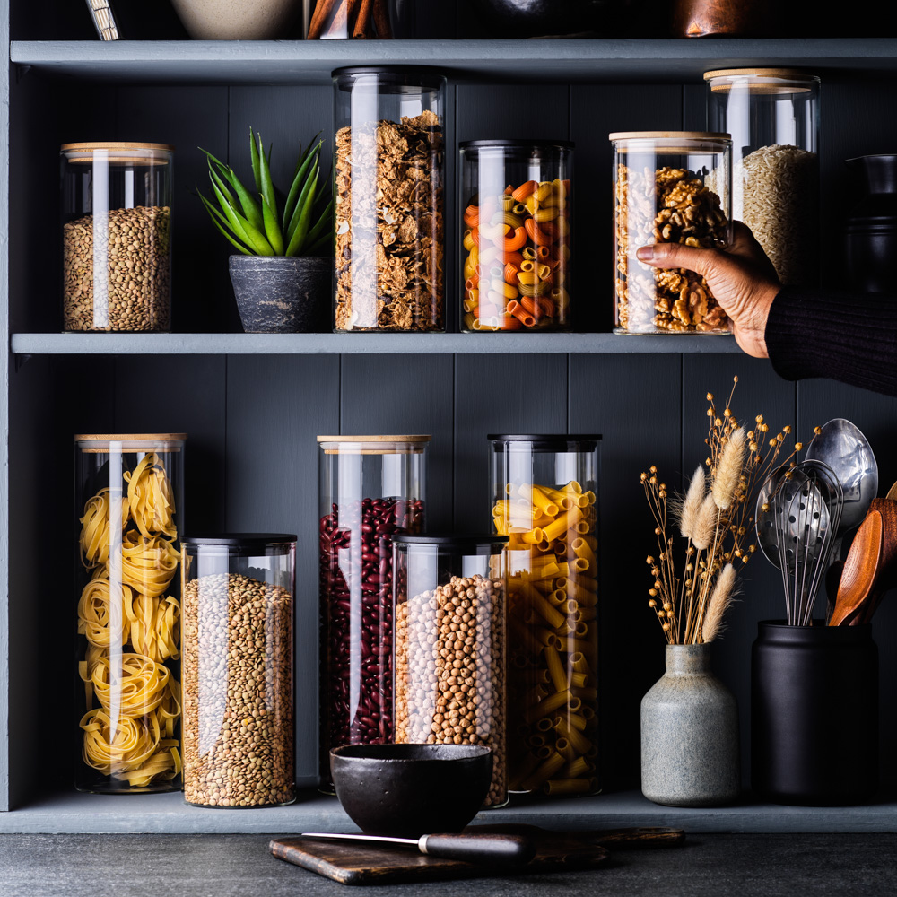 Franklin Lade Glass Jars in Kitchen Shelving